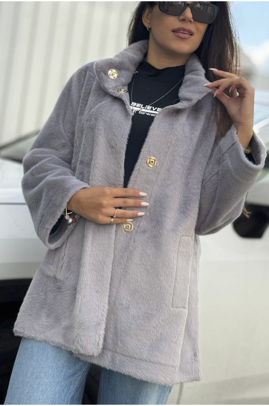 Шуба жіноча на штучному хутрі сірого кольору 2118 194546