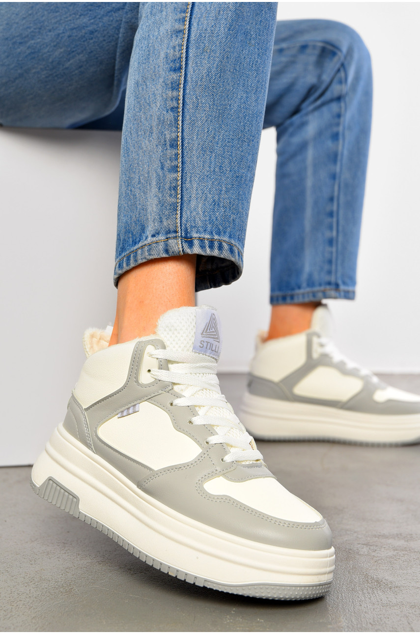 Кросівки жіночі зимові біло-сірого кольору на шнурівці 09-7 195201