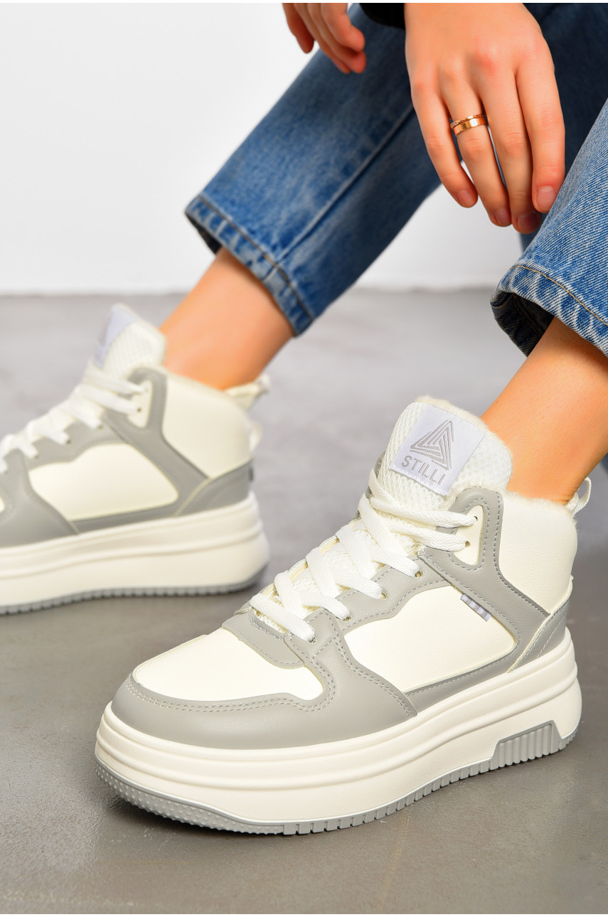 Кросівки жіночі зимові біло-сірого кольору на шнурівці 09-7 195201