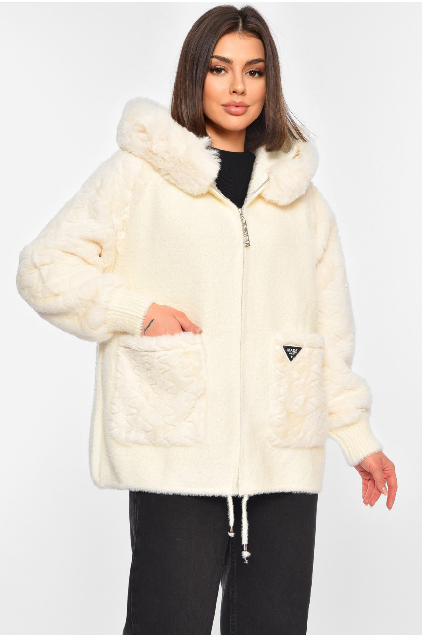 Кардиган женский из альпаки+мех молочного цвета 062 195347