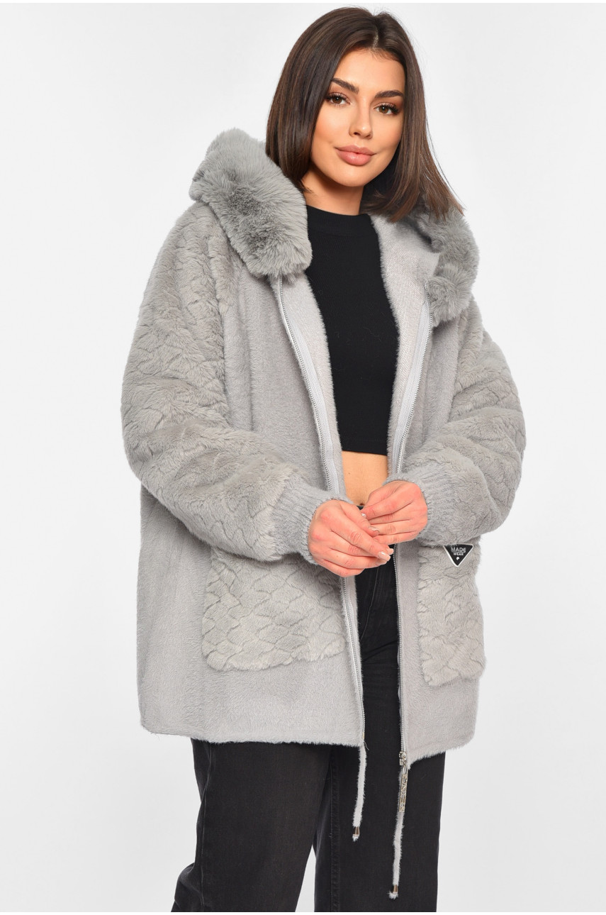 Кардиган женский из альпаки+мех серого цвета 062 195349