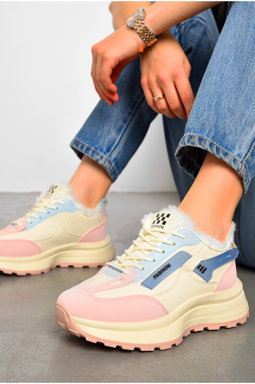 Кросівки жіночі зимові білого кольору з різнокольоровими вставками на шнурівці КВ03-6 195675