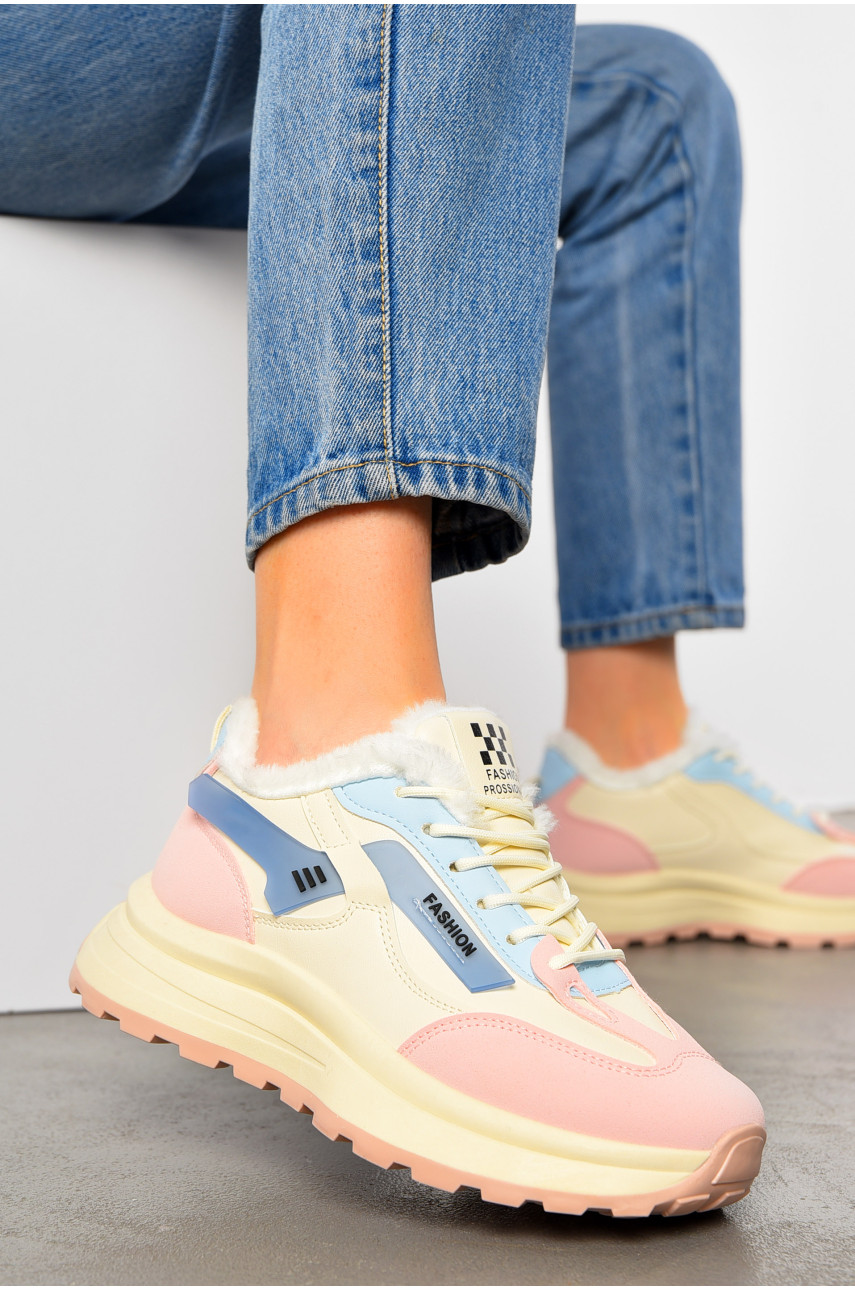 Кросівки жіночі зимові білого кольору з різнокольоровими вставками на шнурівці КВ03-6 195675