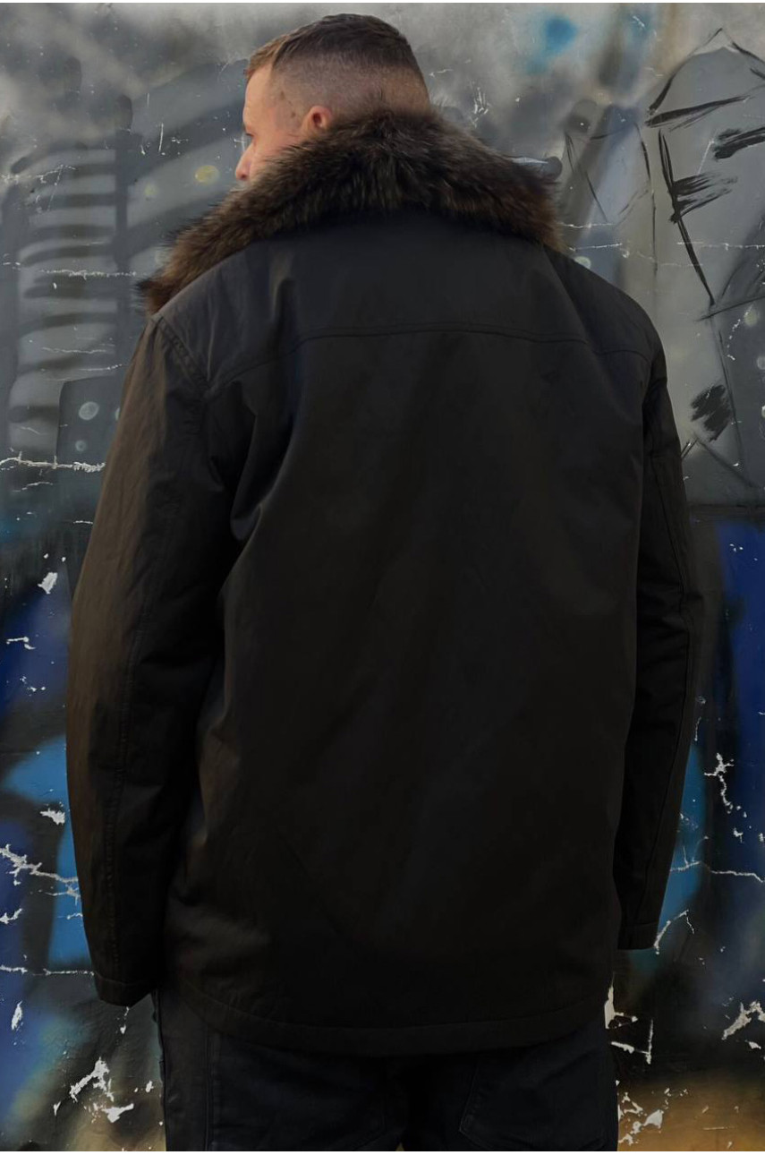 Куртка чоловіча напівбатальна єврозима з натуральним хутром чорного кольору 6101 195694