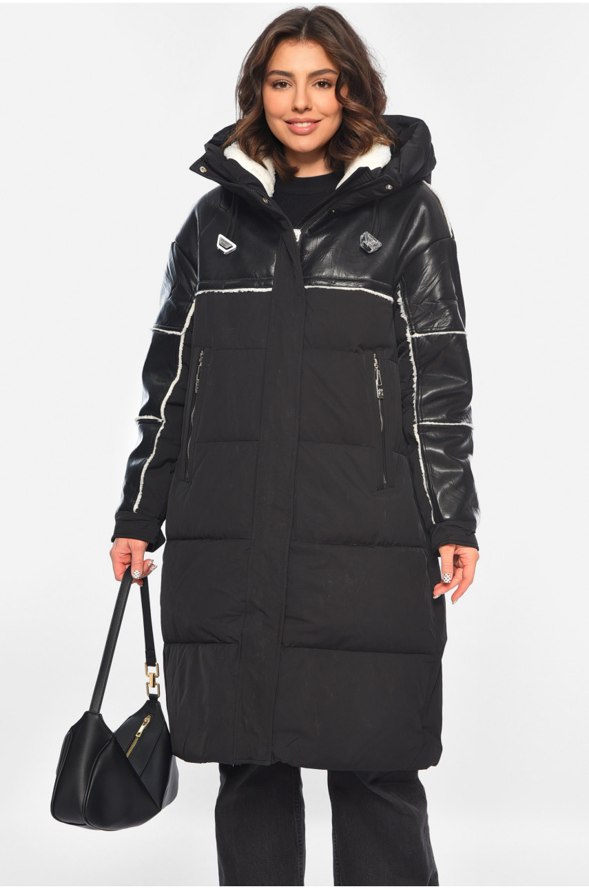 Куртка-дублянка жіноча подовжена єврозима чорного кольору 1131 195796