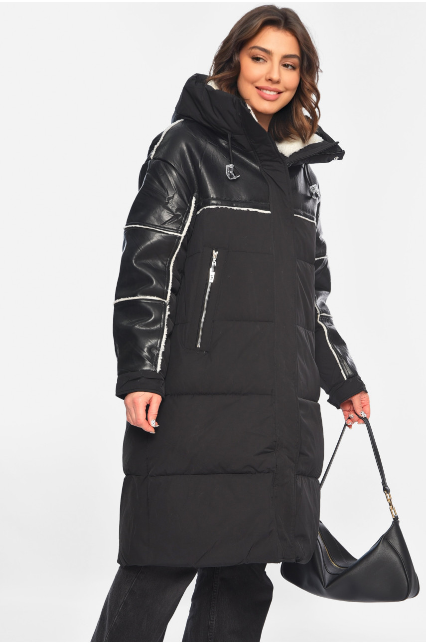 Куртка-дублянка жіноча подовжена єврозима чорного кольору 1131 195796