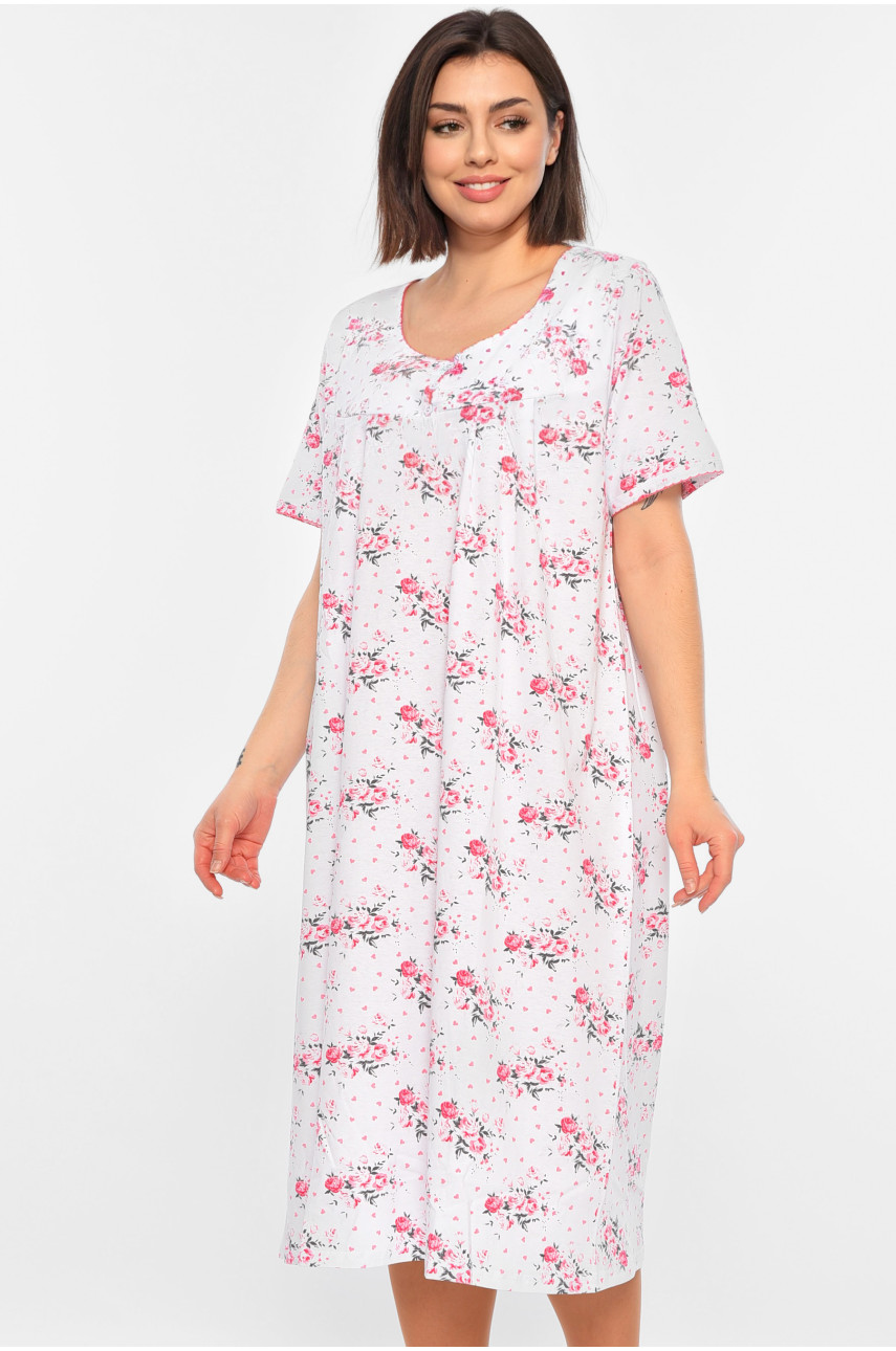 Ночная рубашка женская полубатальная белого цвета с цветочным принтом W-153 195941 Ночная рубашка женская полубатальная белого цвета с цветочным принтом W-153 195941