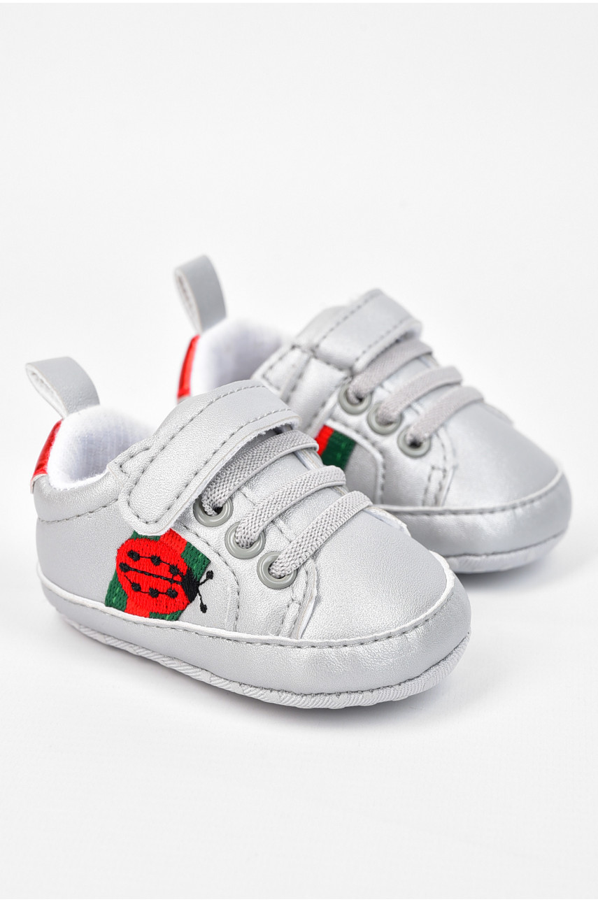 Пінетки дитячі для дівчинки на липучці сірого кольору 196105 Пінетки дитячі для дівчинки на липучці сірого кольору 196105