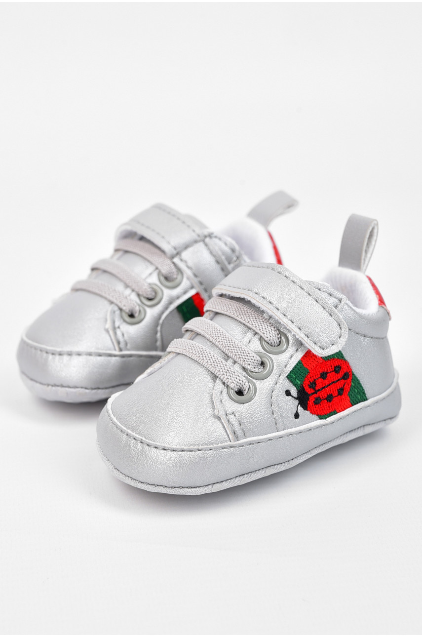 Пінетки дитячі для дівчинки на липучці сірого кольору 196105 Пінетки дитячі для дівчинки на липучці сірого кольору 196105