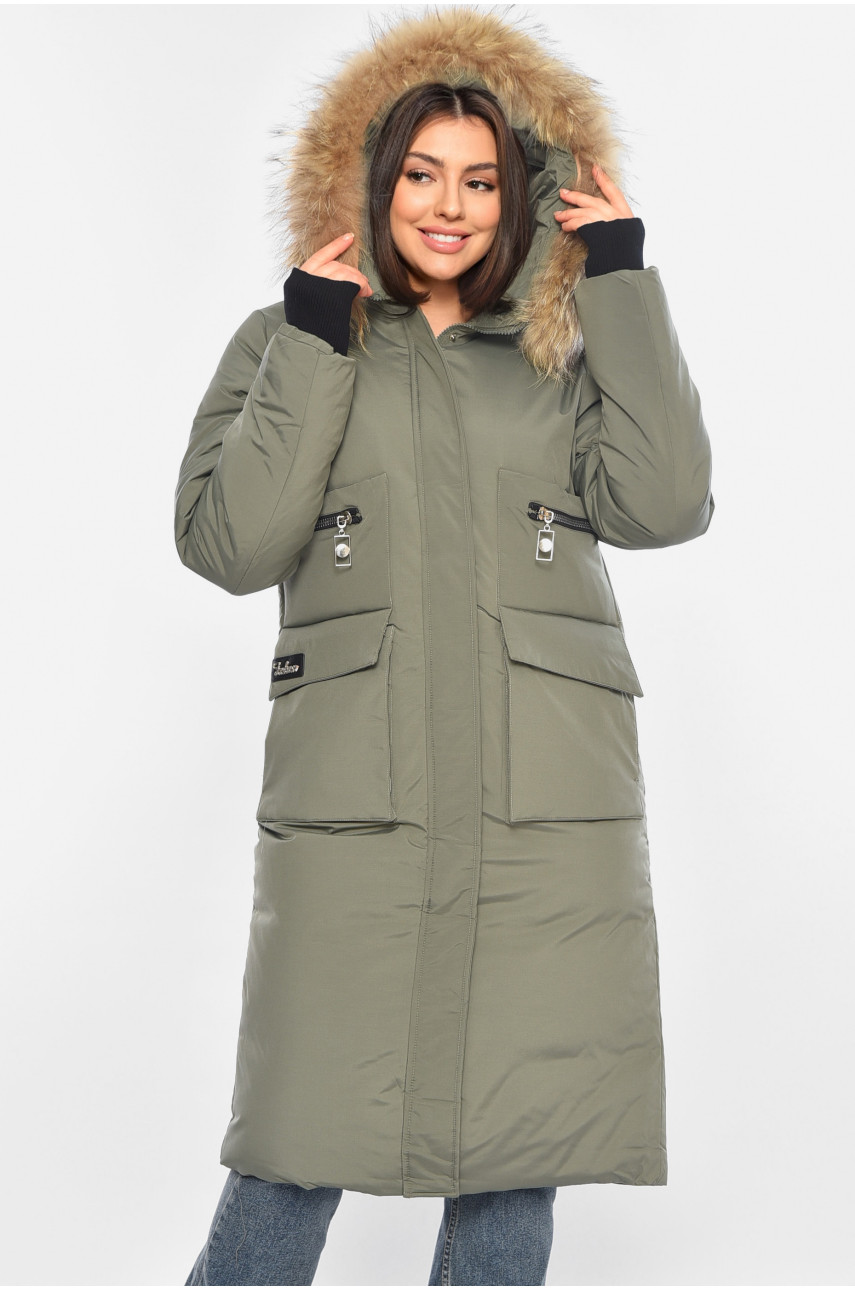 Куртка жіноча подовжена зима темно-зеленого кольору 8373 196300