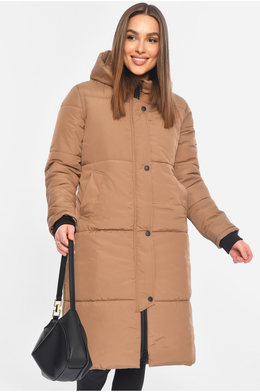 Куртка жіноча подовжена демісезонна темно-коричневого кольору 322-1 196383