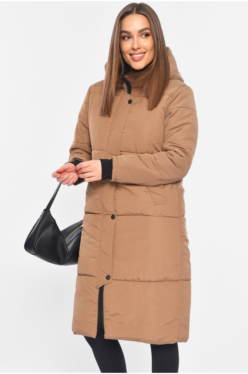 Куртка жіноча подовжена демісезонна темно-коричневого кольору 322-1 196383