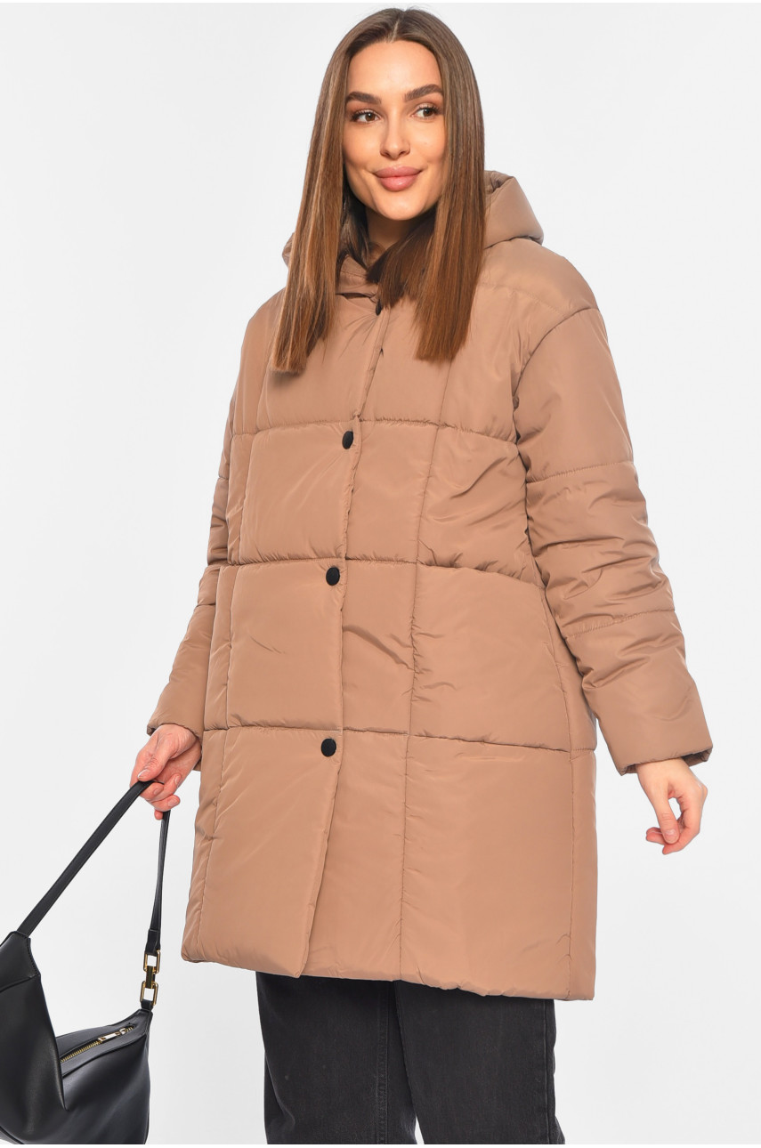 Куртка жіноча подовжена демісезонна темно-бежевого кольору 341-1 196384