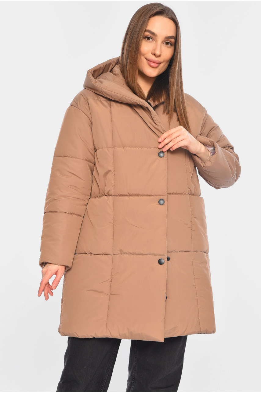 Куртка жіноча подовжена демісезонна темно-бежевого кольору 341-1 196384
