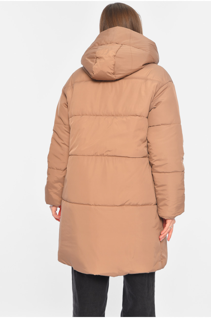 Куртка жіноча подовжена демісезонна темно-бежевого кольору 341-1 196384