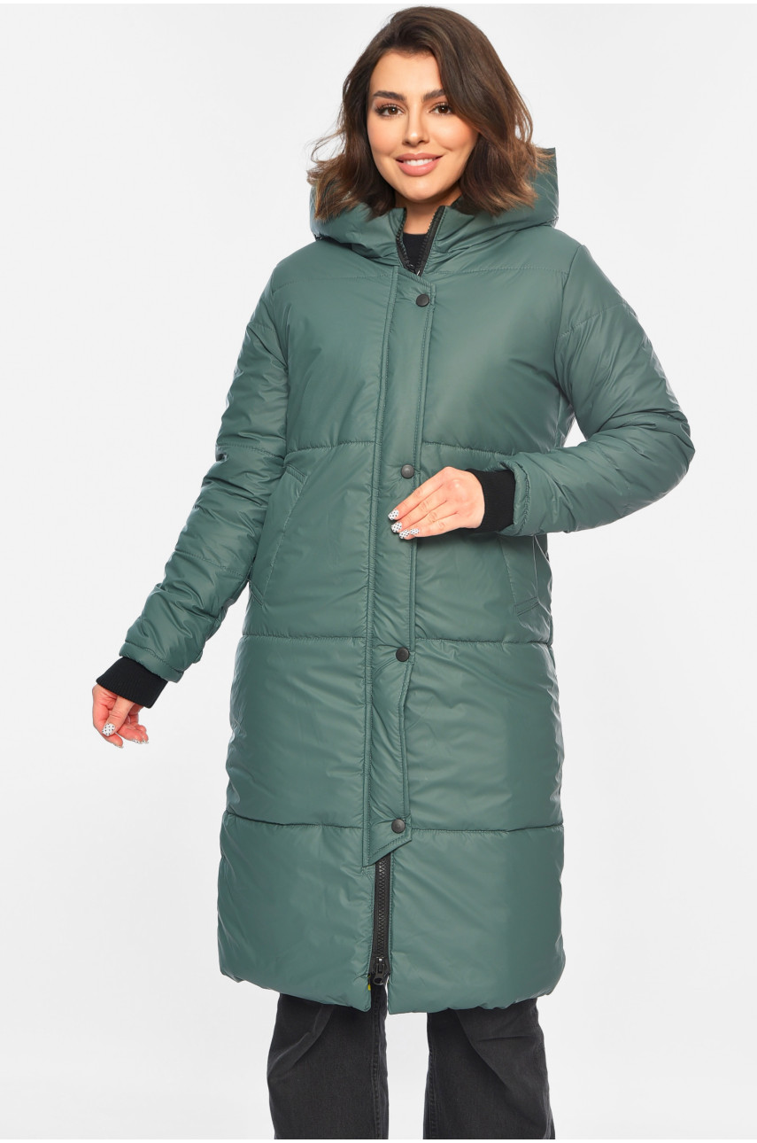 Куртка жіноча подовжена демісезонна зеленого кольору 322-3 196450 Куртка жіноча подовжена демісезонна зеленого кольору 322-3 196450