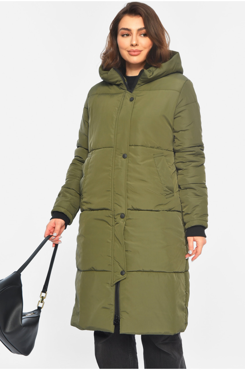 Куртка жіноча подовжена демісезонна темно-зеленого кольору 322-1 196468