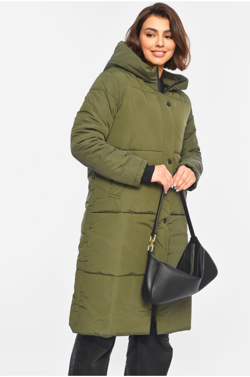 Куртка жіноча подовжена демісезонна темно-зеленого кольору 322-1 196468