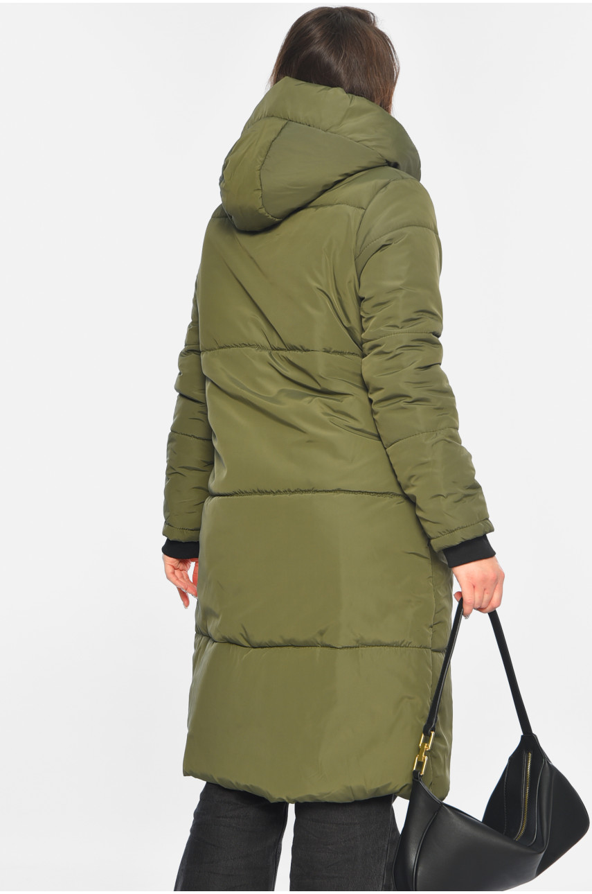 Куртка жіноча подовжена демісезонна темно-зеленого кольору 322-1 196468