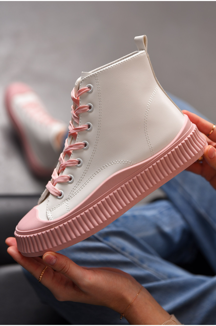 Кеды женские высокие бело-розового цвета на шнуровке 813-3 197164