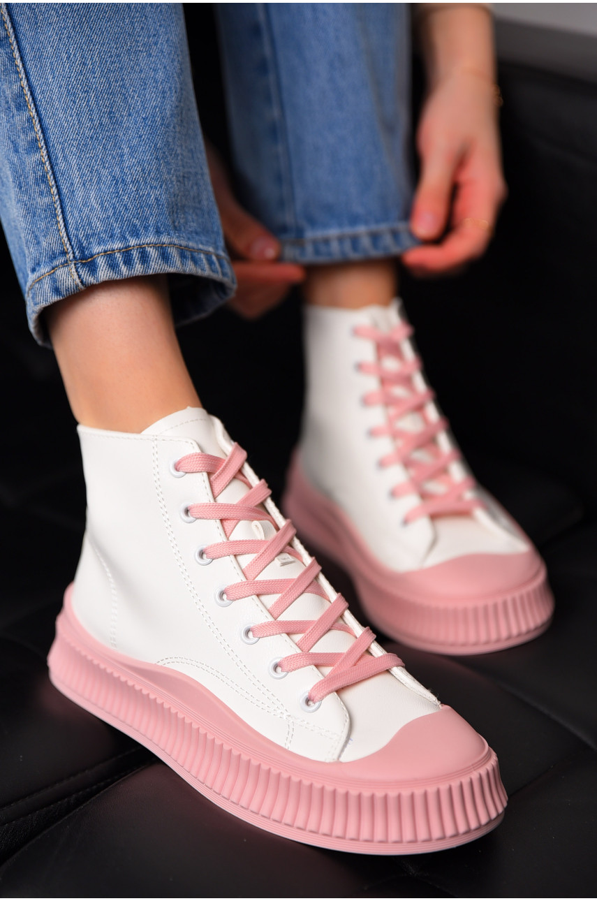 Кеды женские высокие бело-розового цвета на шнуровке 813-3 197164