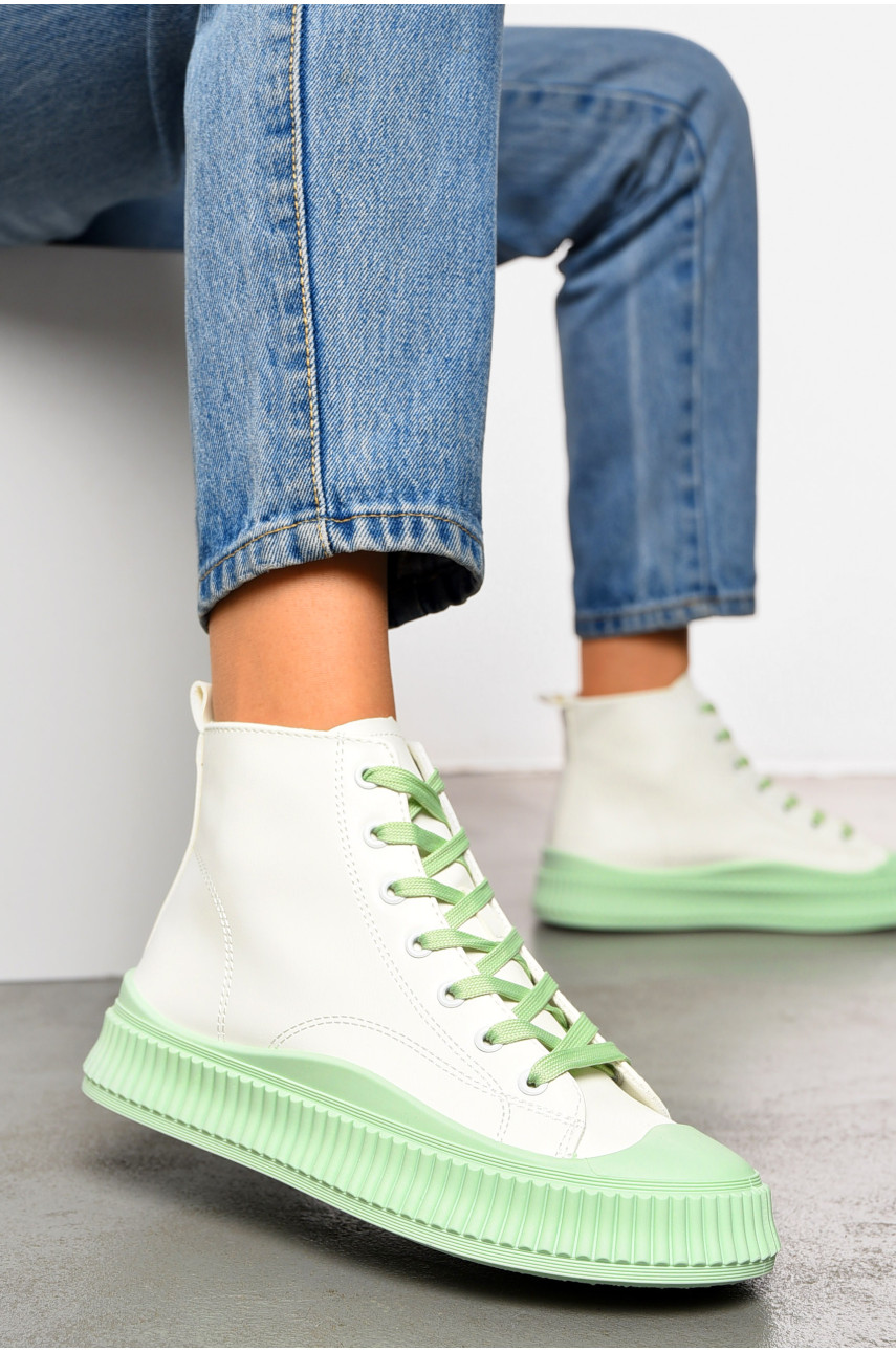 Кеды женские высокие бело-мятного цвета на шнуровке 813-2 199547
