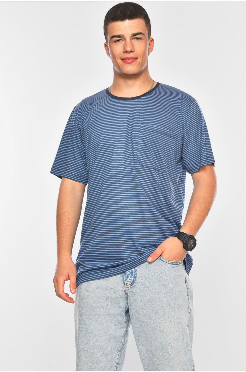 Футболка чоловіча батальна синього кольору в смужку А-422 200190 Футболка чоловіча батальна синього кольору в смужку А-422 200190