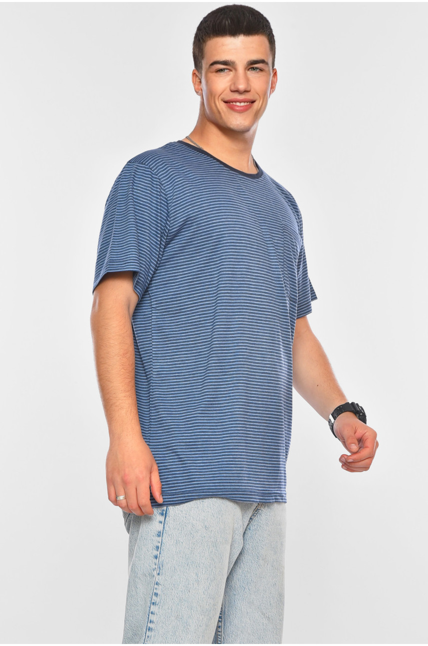 Футболка чоловіча батальна синього кольору в смужку А-422 200190 Футболка чоловіча батальна синього кольору в смужку А-422 200190