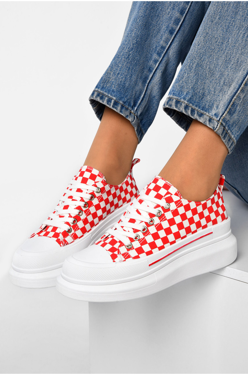 Кеды женские бело-красного цвета на шнуровке текстиль 892-16 200460