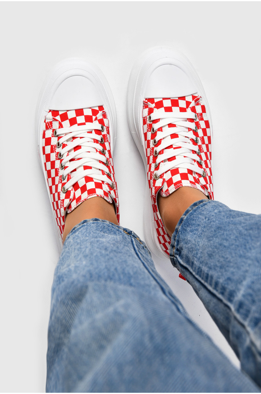 Кеды женские бело-красного цвета на шнуровке текстиль 892-16 200460