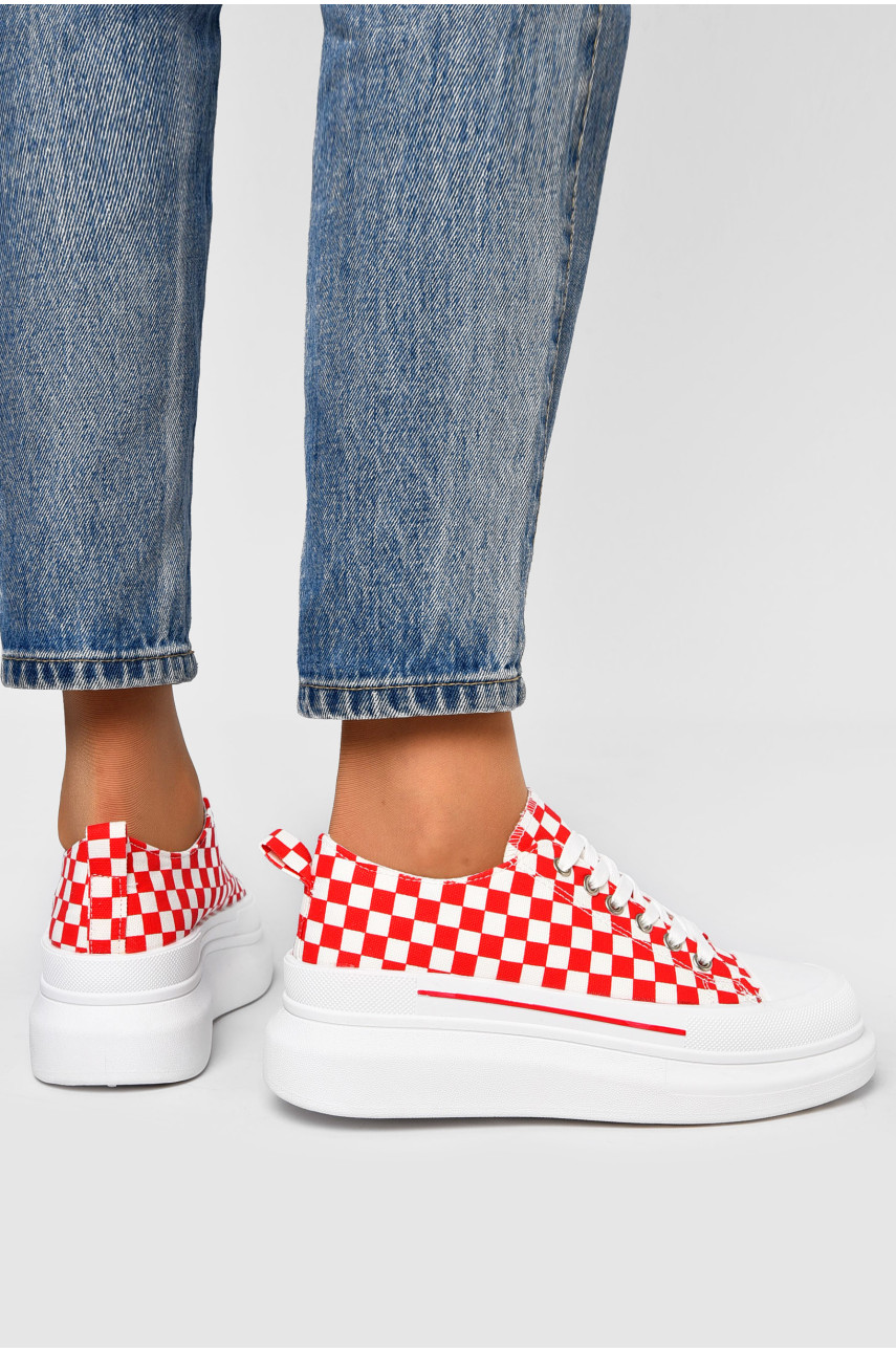 Кеды женские бело-красного цвета на шнуровке текстиль 892-16 200460