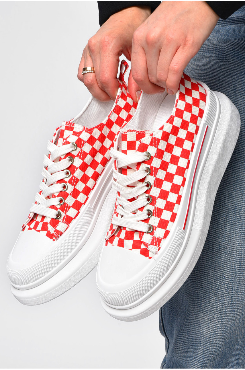 Кеды женские бело-красного цвета на шнуровке текстиль 892-16 200460