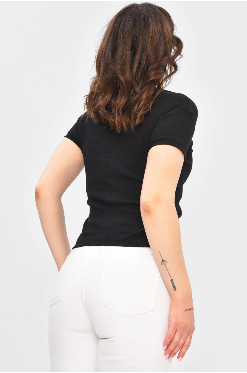 Футболка женская однотонная в рубчик черного цвета 3357 202272 Футболка женская однотонная в рубчик черного цвета 3357 202272