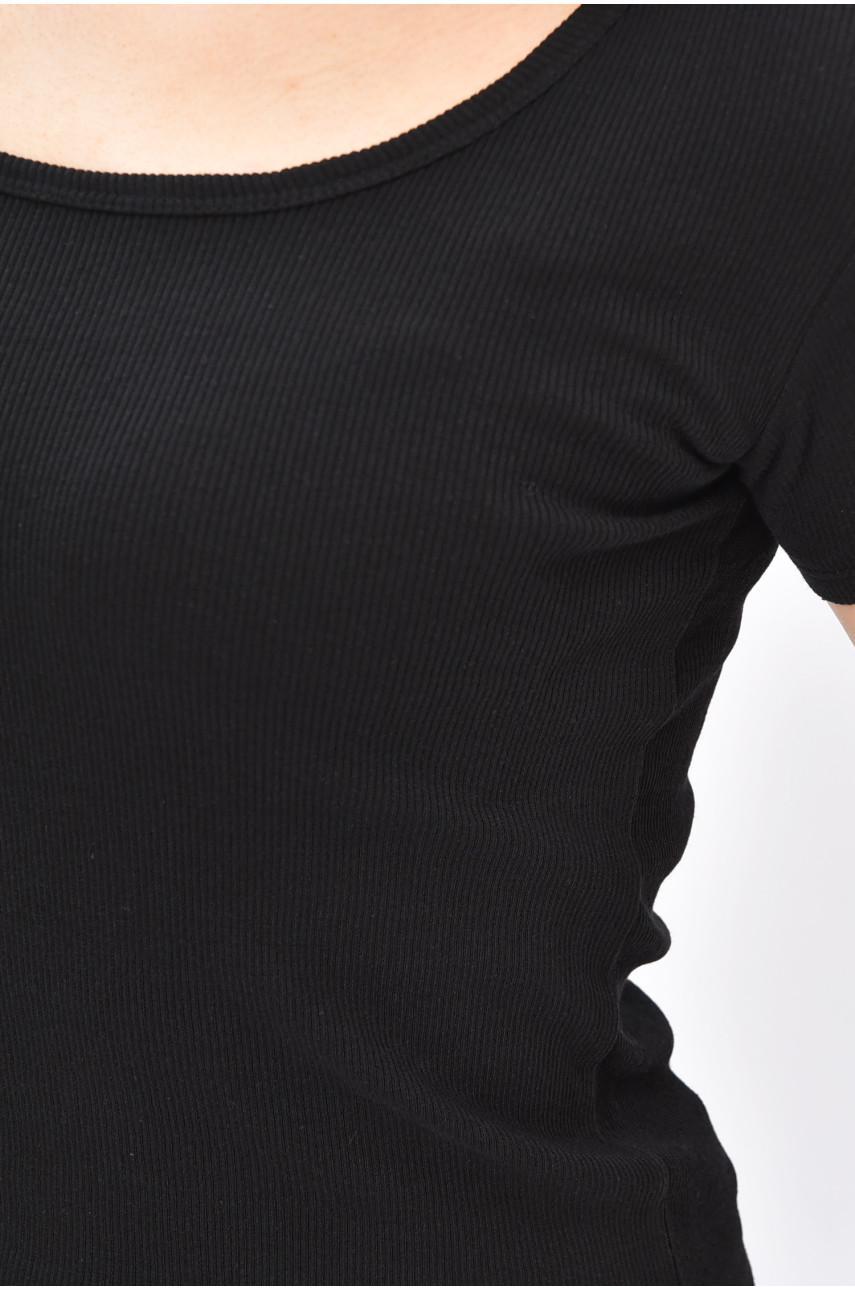 Футболка женская однотонная в рубчик черного цвета 3357 202272 Футболка женская однотонная в рубчик черного цвета 3357 202272