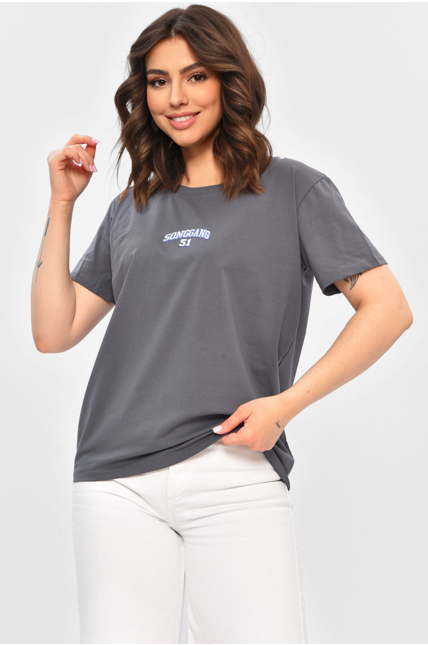 Футболка жіноча однотонна темно-сірого кольору з написом 9113 202310