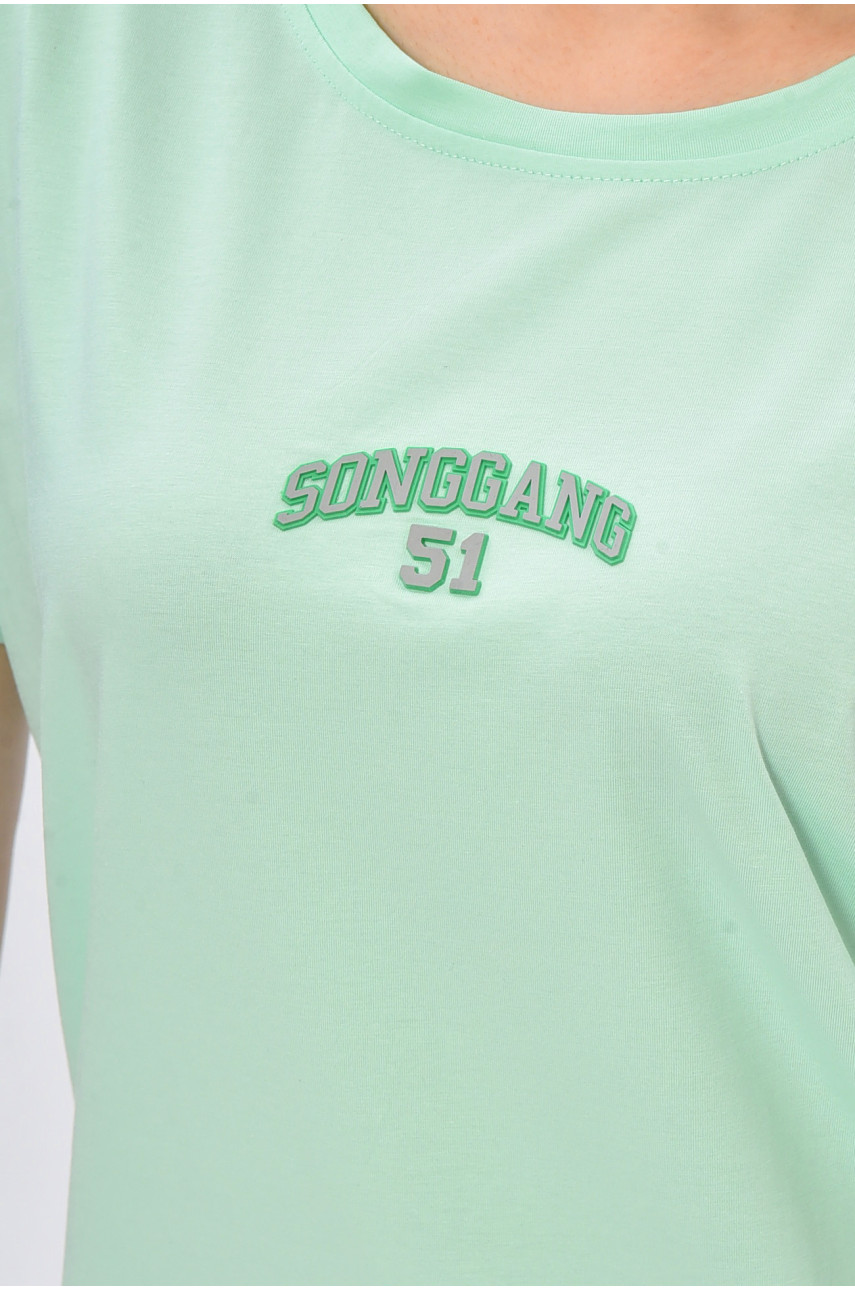 Футболка жіноча однотонна м'ятного кольору з написом 9113 202315