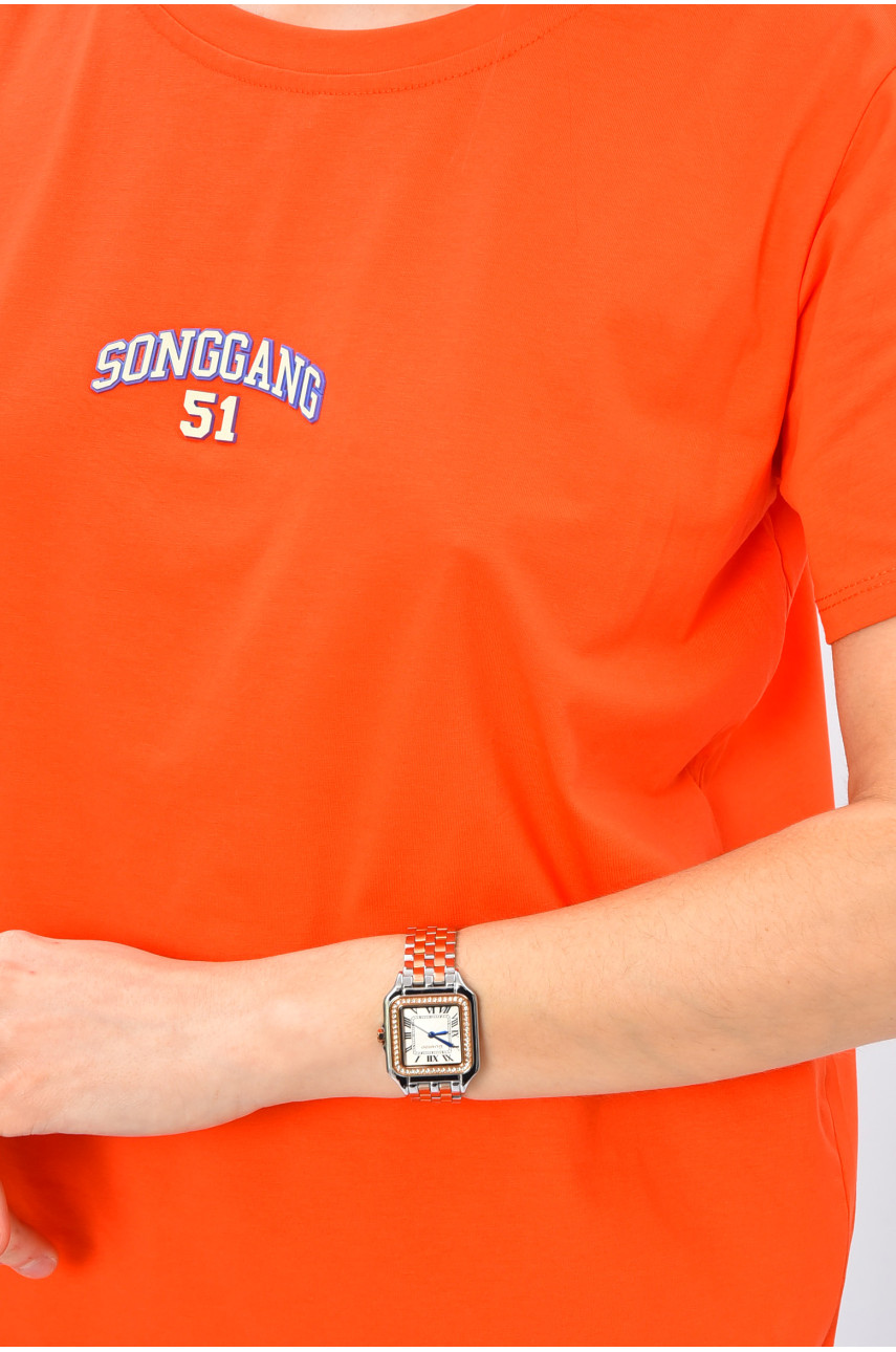 Футболка женская однотонная оранжевого цвета с надписью 9113 202320 Футболка женская однотонная оранжевого цвета с надписью 9113 202320