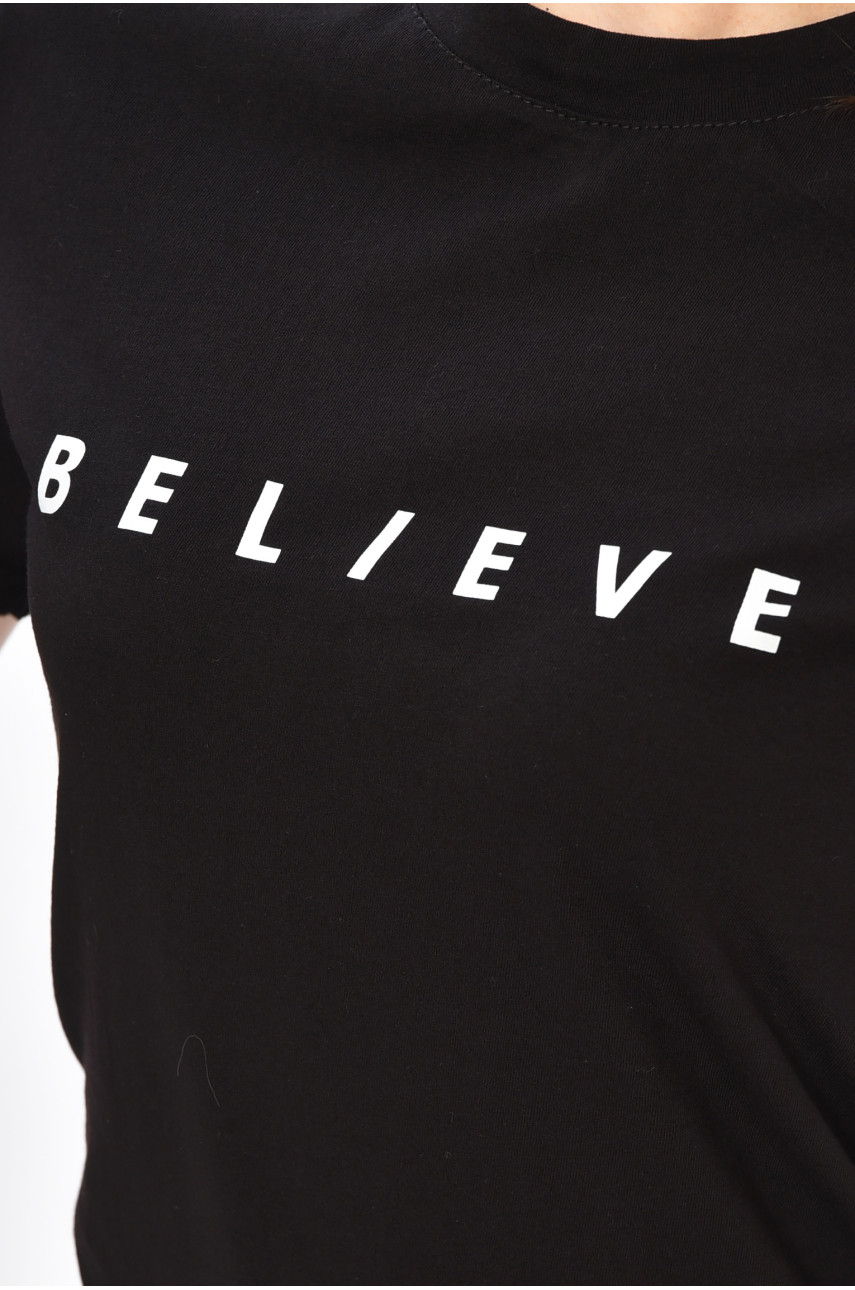 Футболка женская однотонная черного цвета с надписью 57376 202439 Футболка женская однотонная черного цвета с надписью 57376 202439