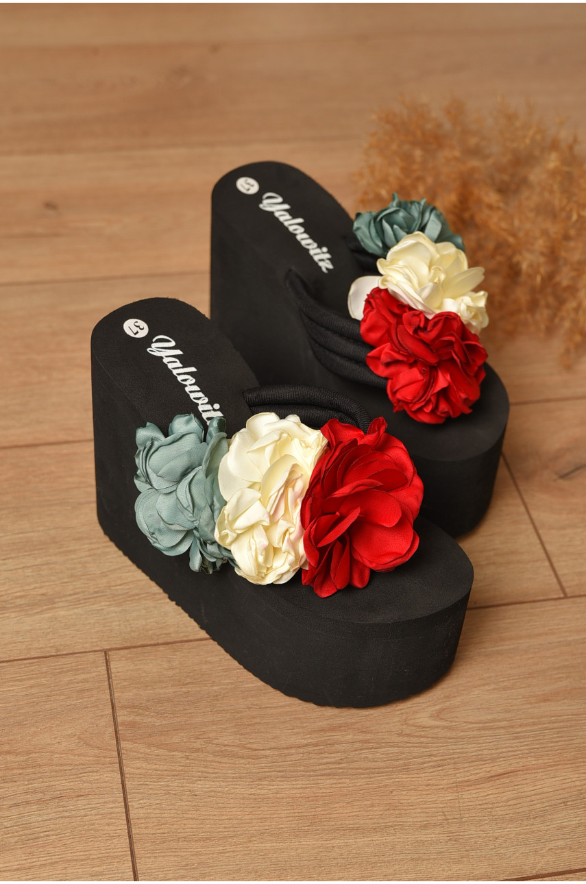 Вьетнамки женские черного цвета с цветочным принтом 203976