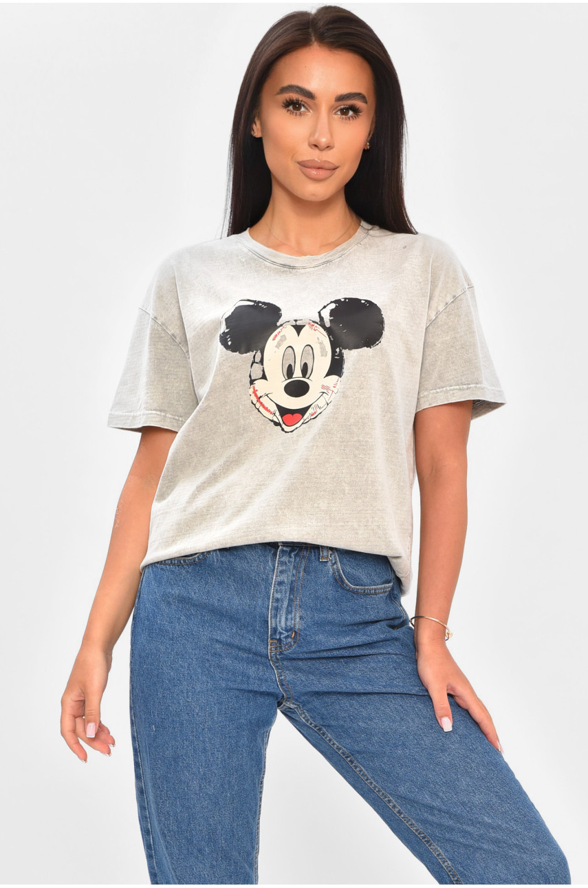 Футболка женская однотонная серого цвета с принтом 204280