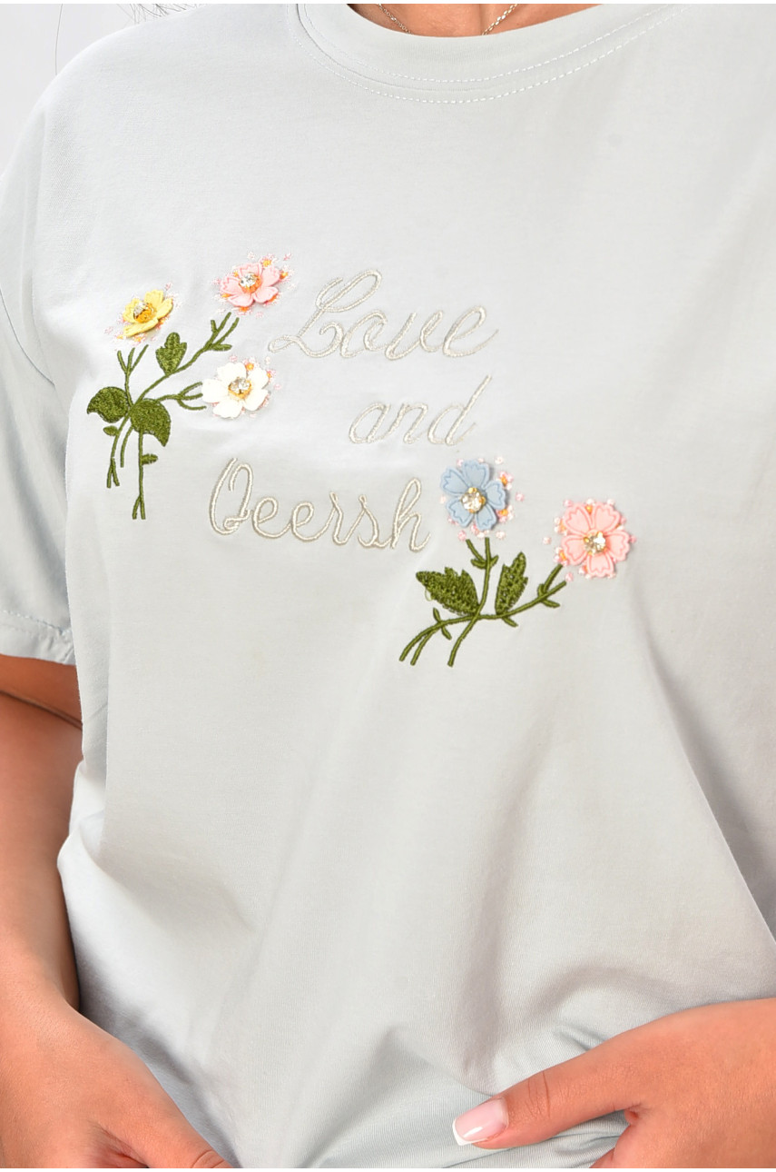 Футболка жіноча однотонна сірого кольору з принтом 6034 204283