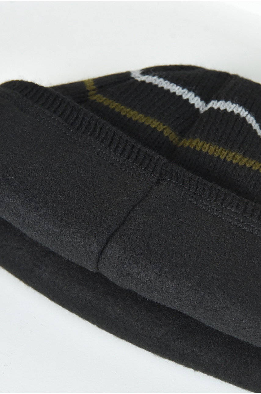 Шапка чоловіча на флісі в чорно-зелену смужку 204454