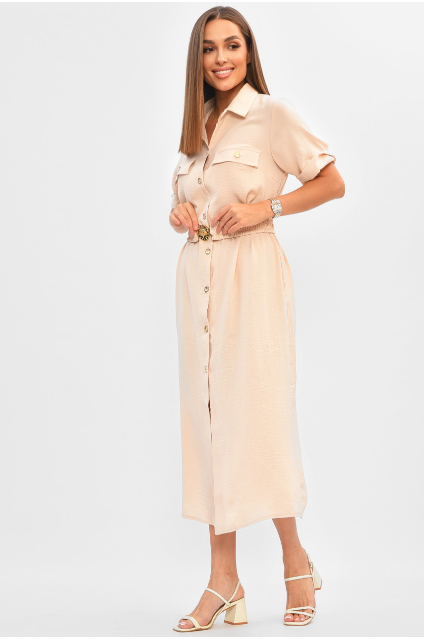 Платье женское однотонное бежевого цвета с поясом 9325 204920