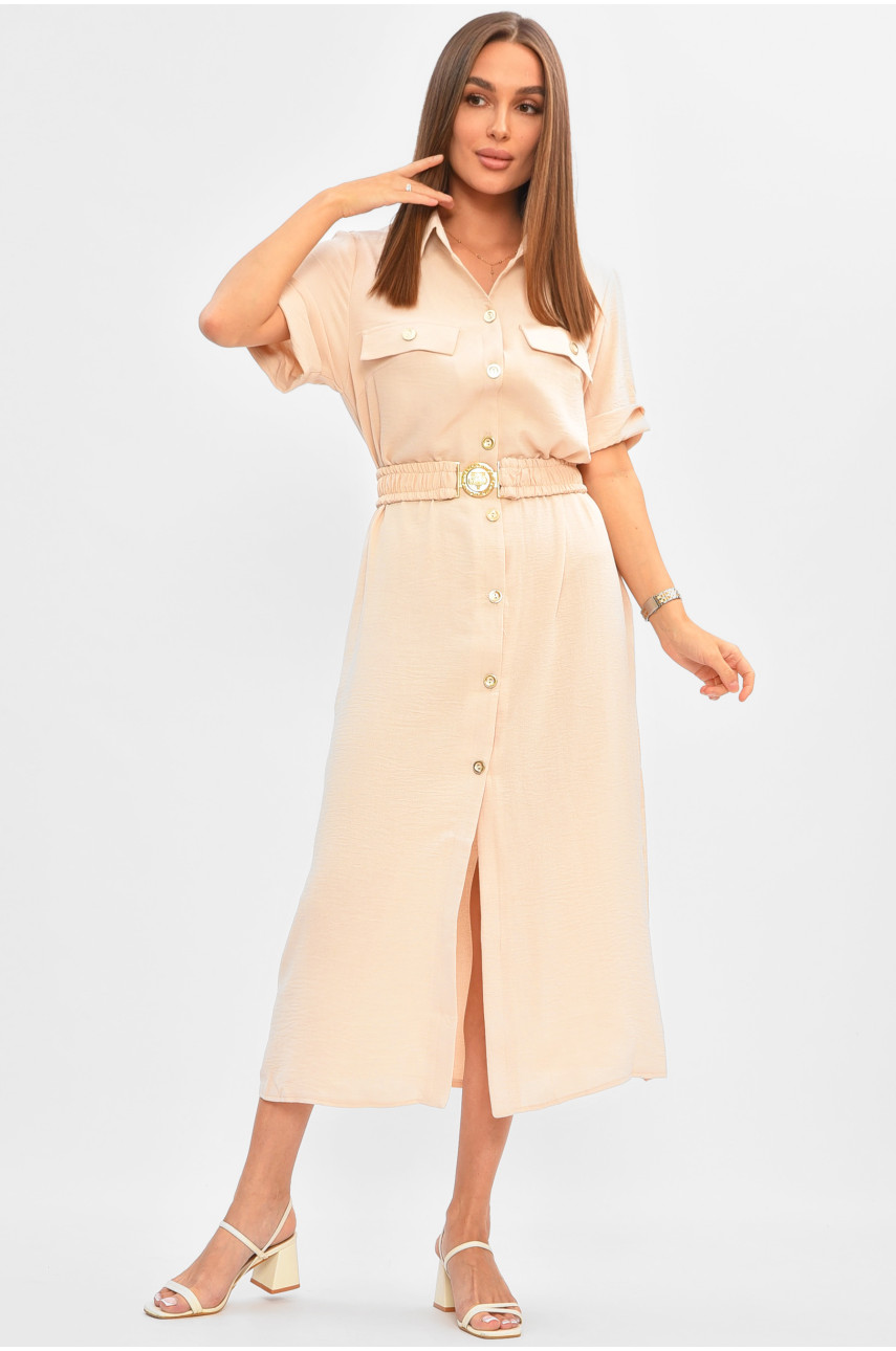 Платье женское однотонное бежевого цвета с поясом 9325 204920