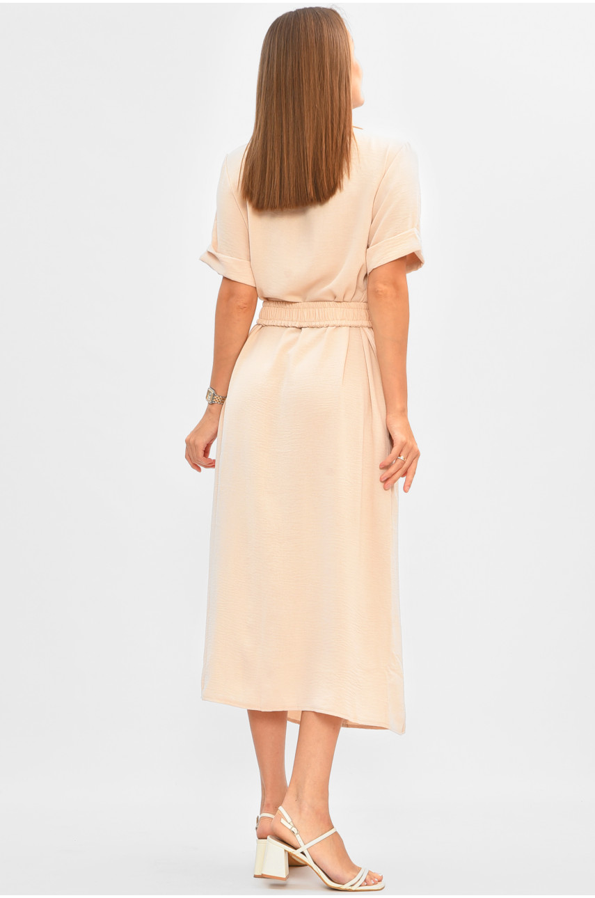 Платье женское однотонное бежевого цвета с поясом 9325 204920