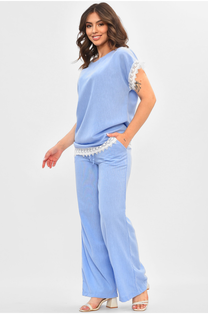 Костюм женский однотонный полубатальный голубого цвета 3010 204935