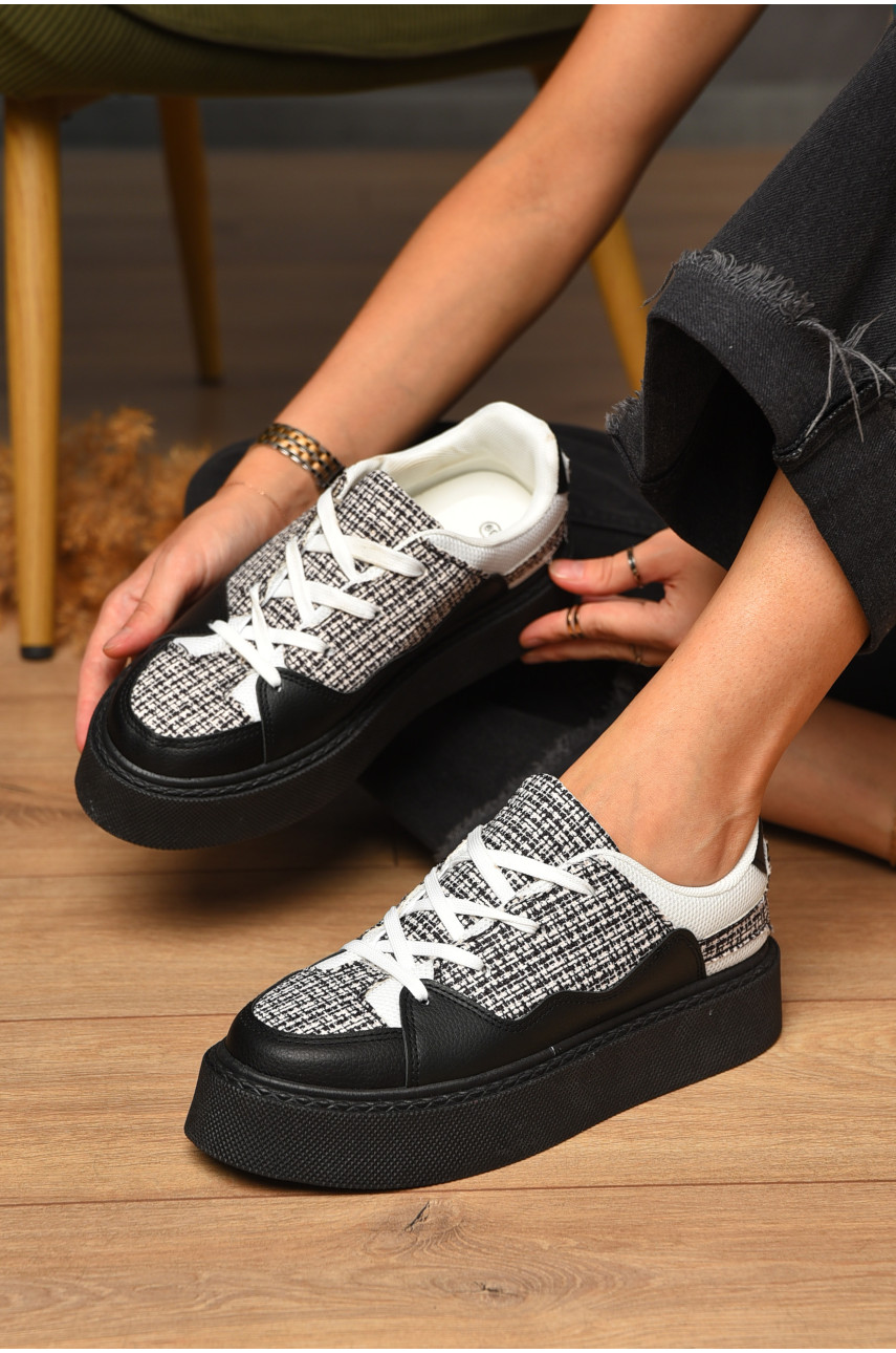 Кроссовки женские черно-белого цвета на шнуровке 2024-67-1 204977