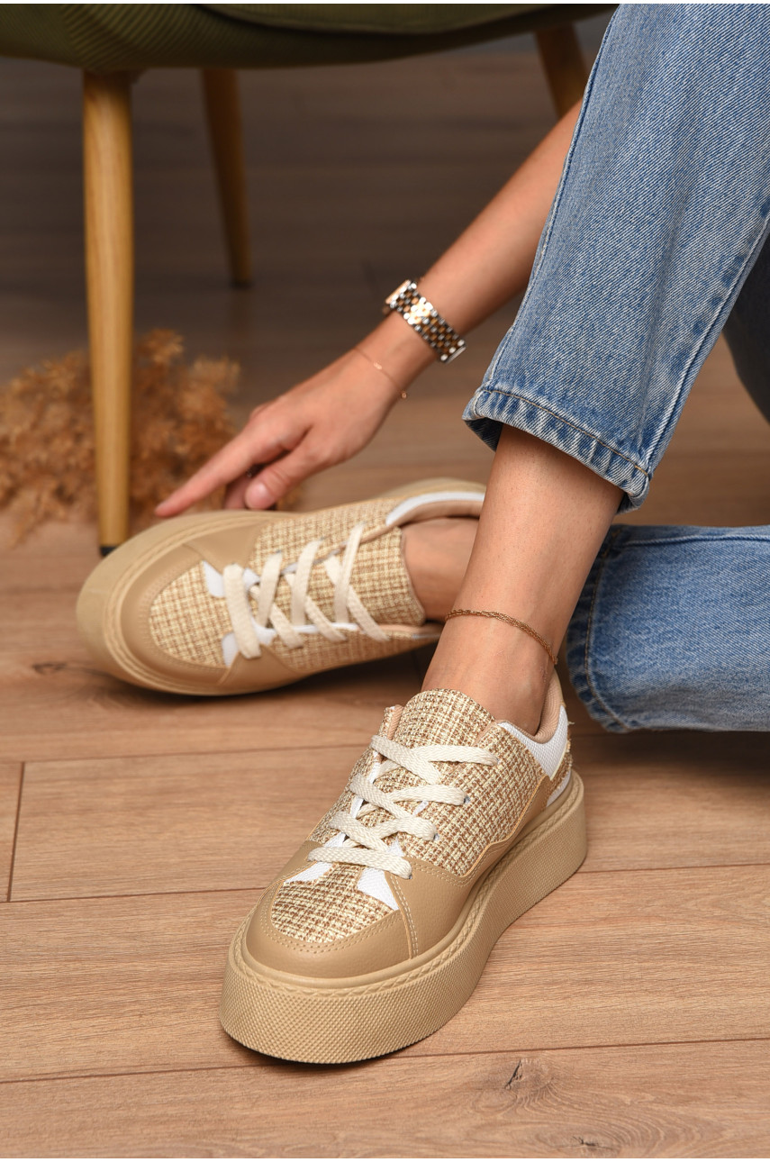 Кроссовки женские бежевого цвета на шнуровке 2024-67-2 204983
