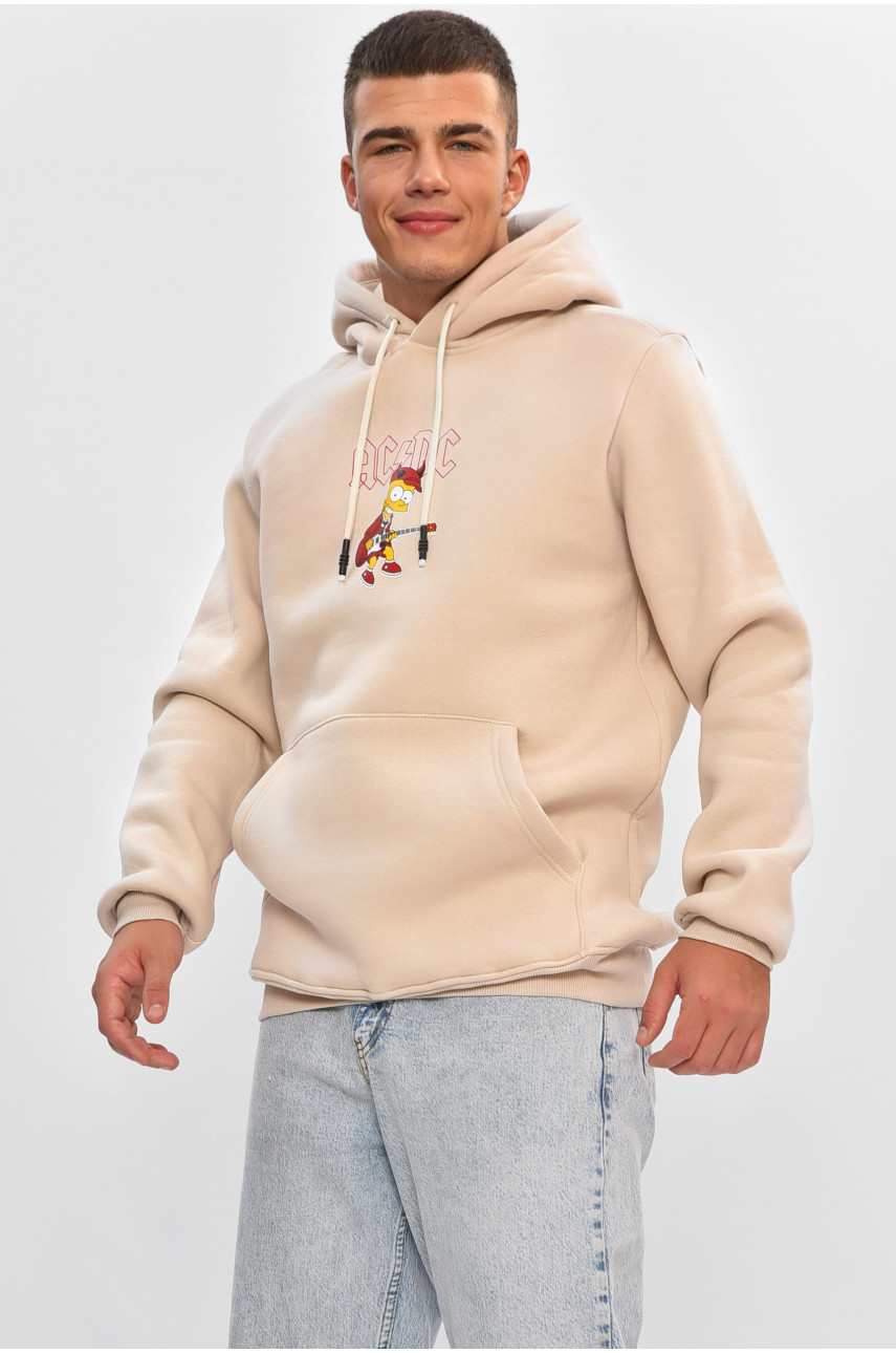 Худі чоловіче на флісі світло-бежевого кольору з принтом 461 205038