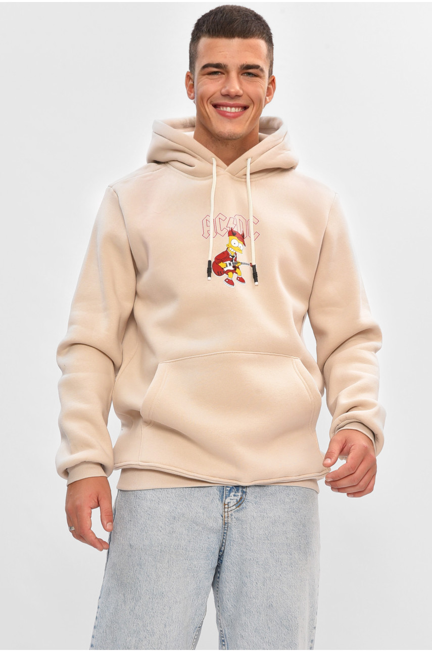 Худі чоловіче на флісі світло-бежевого кольору з принтом 461 205038